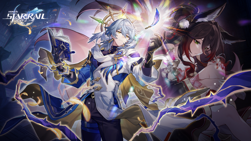 Artwork featuring Honkai: Star Rail characters Sunday and Fugue in dynamic poses, showcasing their distinct styles and powers, with glowing effects and intricate details.