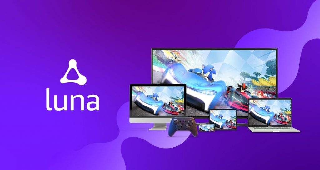 Devices displaying Sonic racing gameplay with Luna logo, showcasing Luna+ gaming accessibility across multiple platforms.