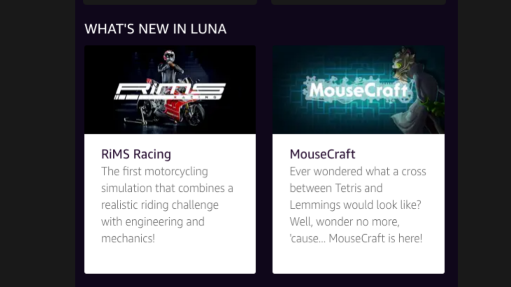 Screenshot showcasing RiMS Racing and MouseCraft as new games added to Amazon Luna+ library.