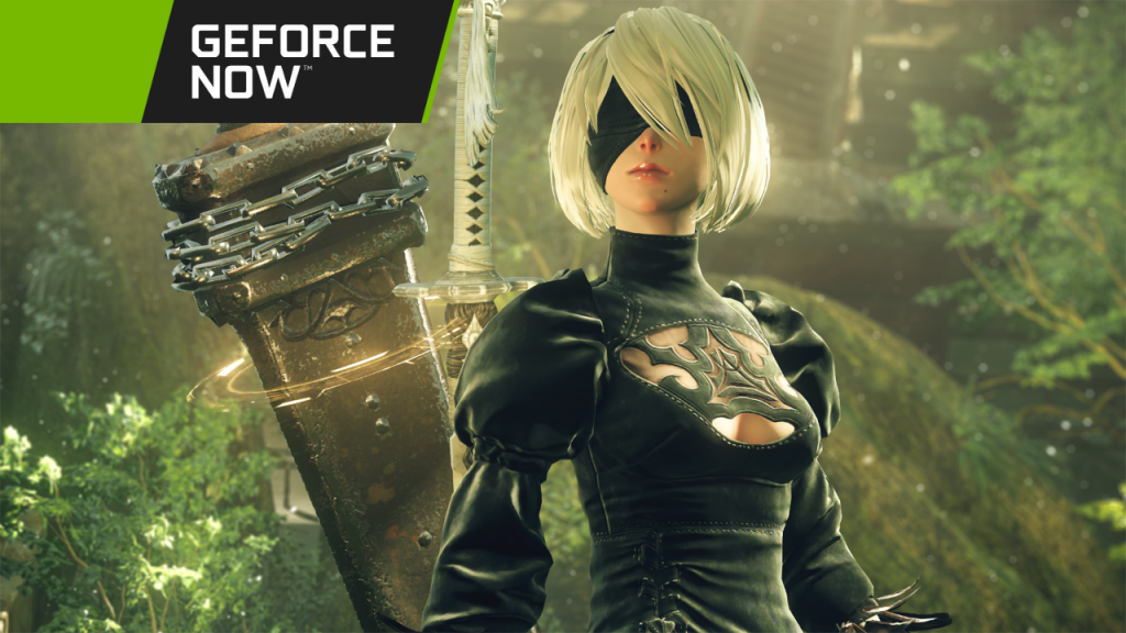 NieR:Automata character 2B with a large sword in a lush forest, promoting GeForce NOW.
