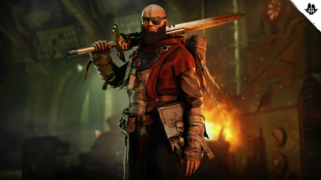 Warhammer 40,000: Darktide Zealot character wielding a massive power sword in a grim industrial environment, with fiery background lighting.
