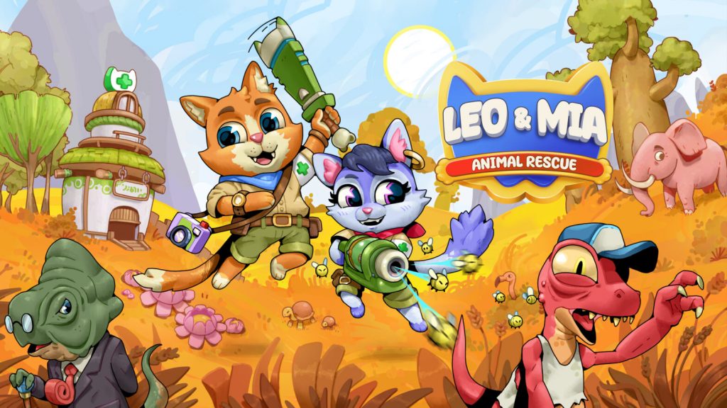 Leo and Mia Animal Rescue key art featuring heroic cats Leo and Mia, vibrant wildlife, and villainous poachers in a savannah setting.