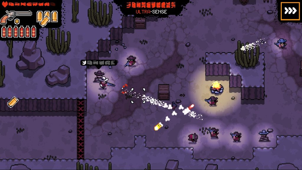 Westild’s Law gameplay showing dynamic shootouts in a pixelated Wild West setting with enemies and projectiles.