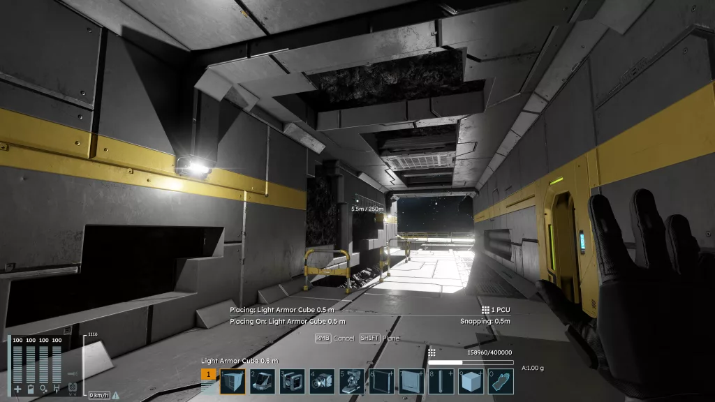 A first-person view of a player constructing the interior of a spaceship in Space Engineers 2, using light armor cubes within a corridor with visible UI elements.