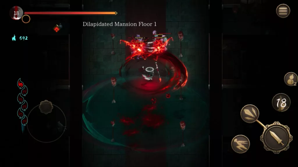 Warm Snow Mobile gameplay screenshot showing the player character battling multiple enemies in the Dilapidated Mansion.