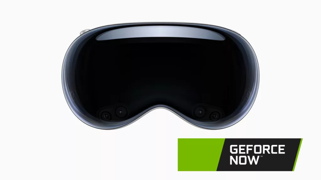 Do I Need a Fast WiFi Connection for GeForce NOW on Vision Pro? Apple Vision Pro headset with the GeForce NOW logo superimposed, indicating compatibility between the two technologies.