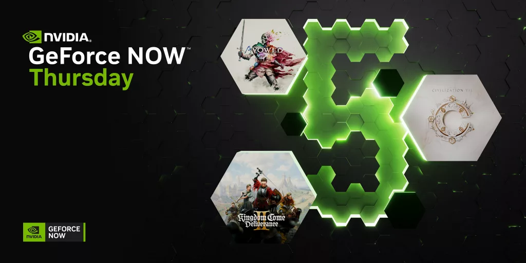 NVIDIA GeForce NOW Thursday promotional image featuring a glowing green hexagonal design with the number 5, alongside game titles Avowed, Civilization VII, and Kingdom Come: Deliverance.