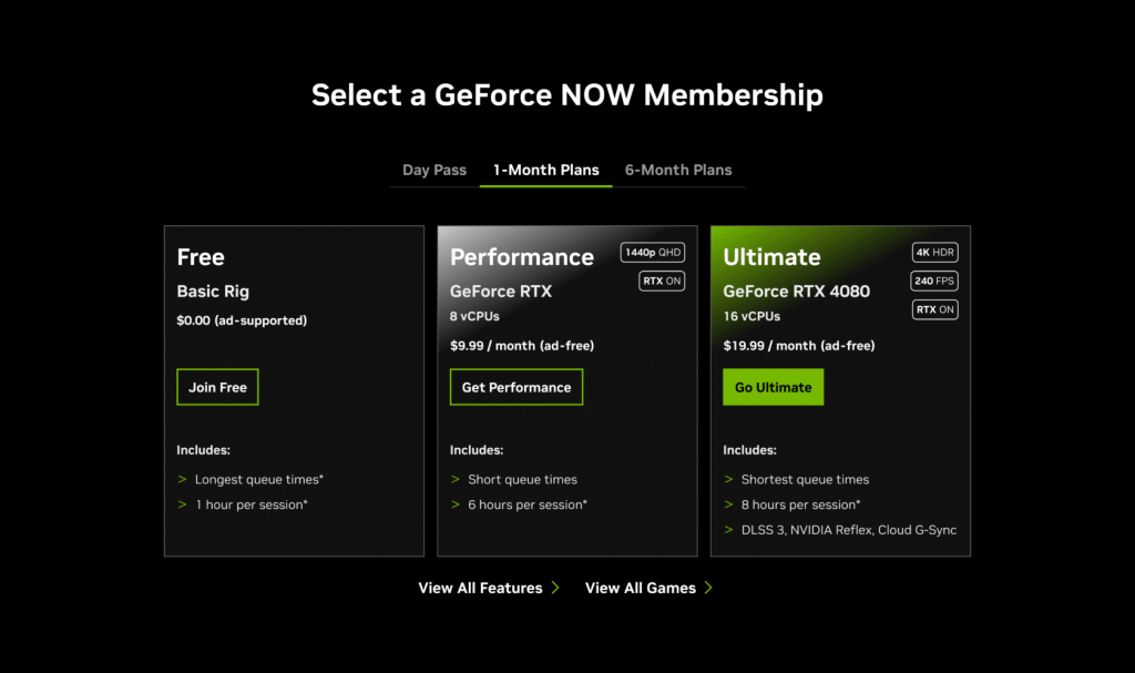 GeForce NOW membership options for Free, Performance, and Ultimate tiers, highlighting session lengths, queue times, and RTX capabilities.