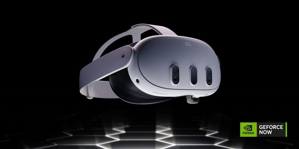 Meta Quest 3 headset floating above an illuminated NVIDIA GeForce NOW platform, highlighting the upcoming cloud gaming support for mixed-reality devices.