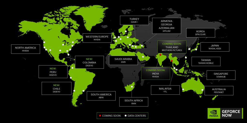 GeForce NOW global data center map showing active locations and future expansions, highlighting India, Thailand, and other key regions.