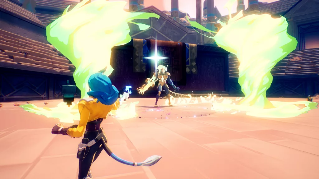Hyper Light Breaker gameplay screenshot showing a character with a blue ponytail and yellow jacket facing a skeletal enemy with glowing green energy surrounding the arena.