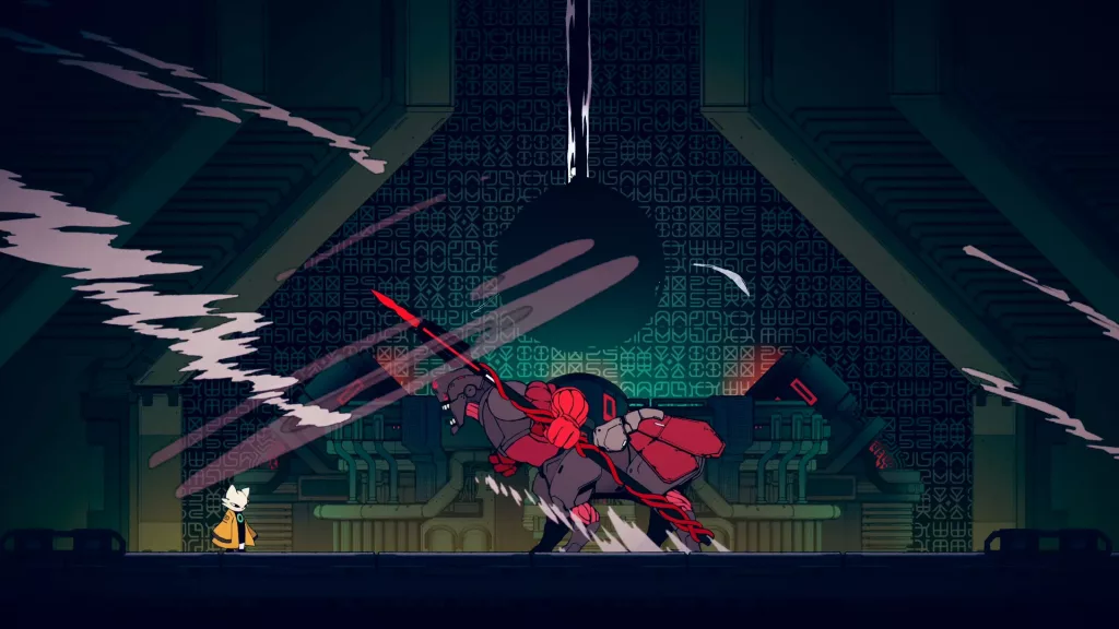 A stylized scene from the game Nine Sols, showing a player character in a futuristic environment facing off against a monstrous enemy.