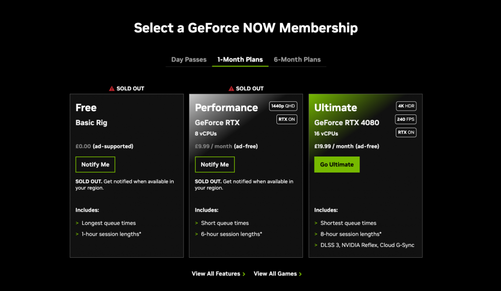 GeForce NOW 1-month plan options showing Free and Performance tiers sold out, Ultimate tier still available