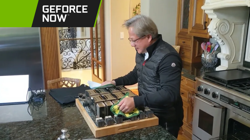 Jensen Huang cleaning a server module for GeForce NOW