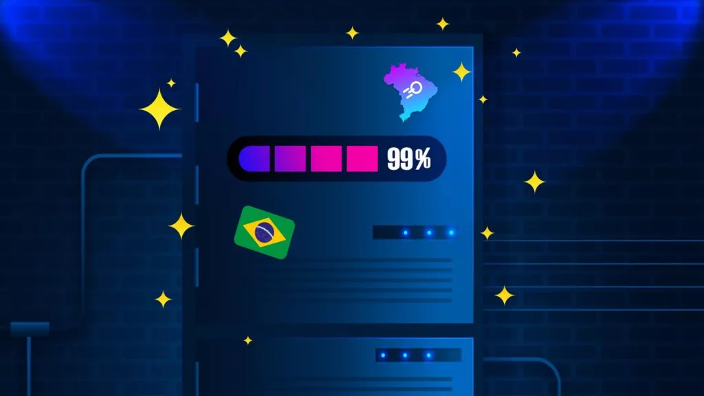 A digital illustration of a server with a 99% progress bar, featuring a Brazilian flag sticker and a glowing Boosteroid logo over a Brazil map, symbolizing the near-completion of Boosteroid’s cloud gaming servers in Brazil.