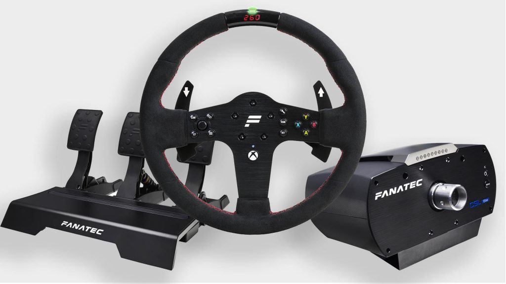 Fanatec racing wheel and pedals setup for immersive sim racing.