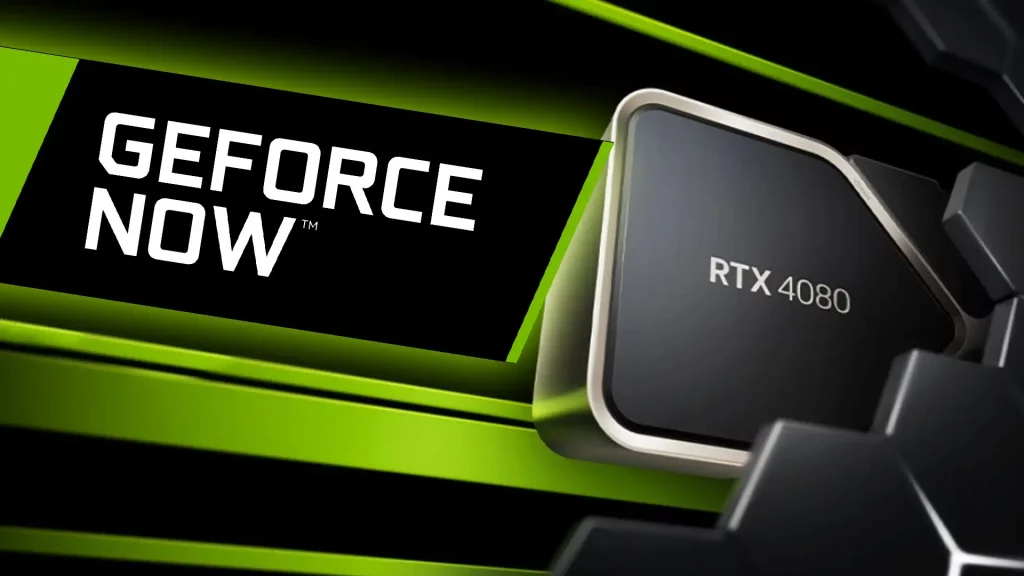 NVIDIA GeForce NOW logo with RTX 4080 graphics card icon.