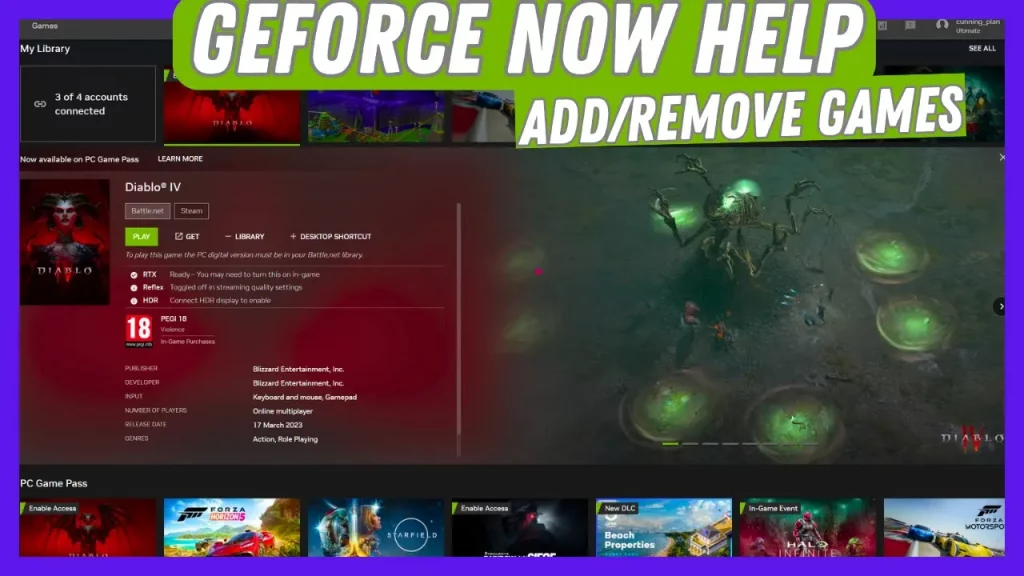 GeForce NOW help screen showing add and remove game options with Diablo IV displayed.