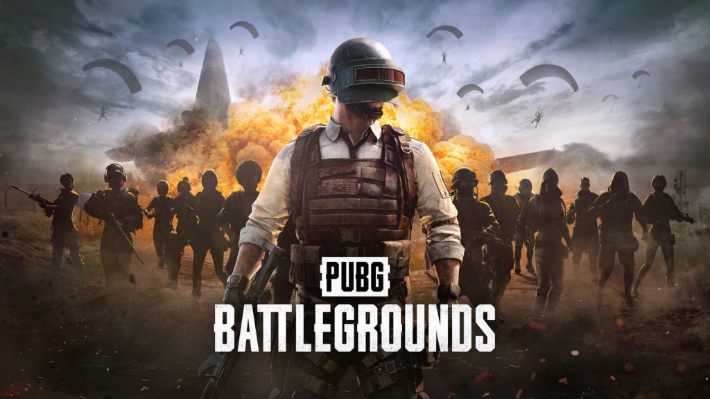 PUBG Battlegrounds key art featuring a character in tactical gear with an explosion and parachuting players in the background.
