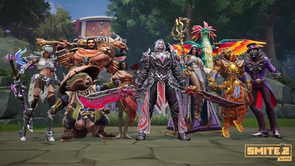 A lineup of Smite 2 gods showcasing their unique armor and designs in the open battleground.