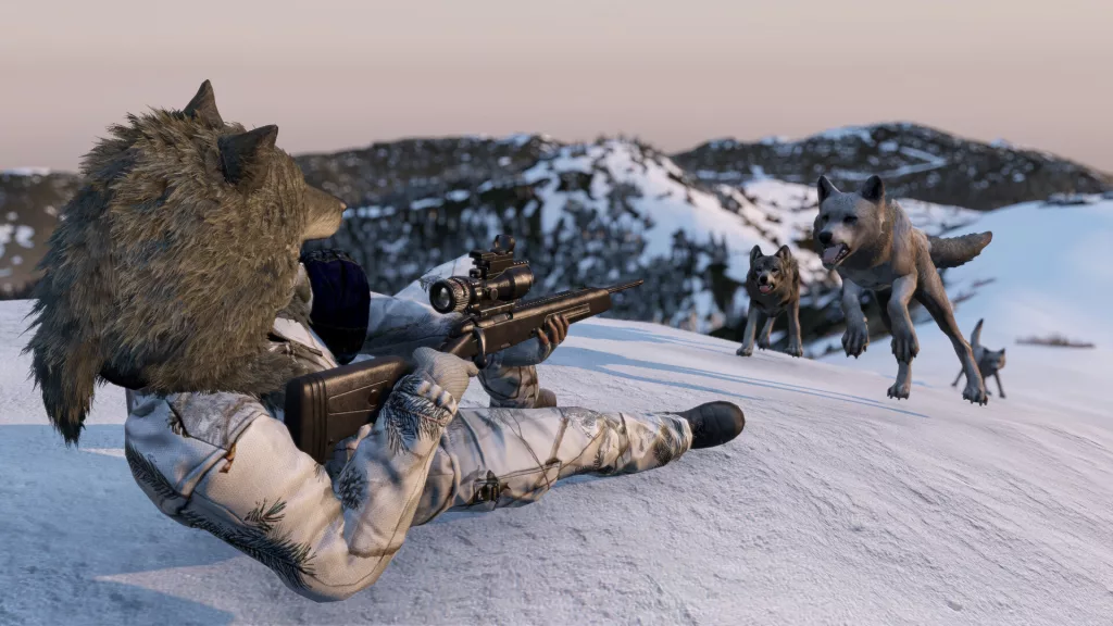 DayZ player aiming rifle at approaching wolf pack in snowy landscape.