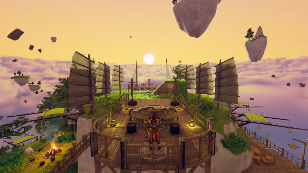 Is Aloft Available on GeForce NOW? Player standing on a large floating island skyship in Aloft, surrounded by sails and drifting islands in the sunset sky.