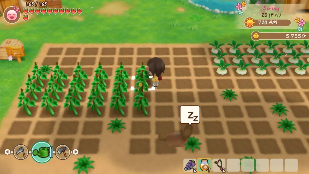 A farmer tending to crops and a sleeping horse in a field in STORY OF SEASONS: Friends of Mineral Town.