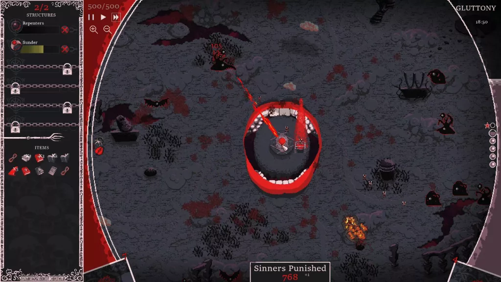 A dark, pixel-art strategy game interface from Heretic’s Fork, showing a demonic tower firing red energy beams at shadowy enemies in a hellish landscape.