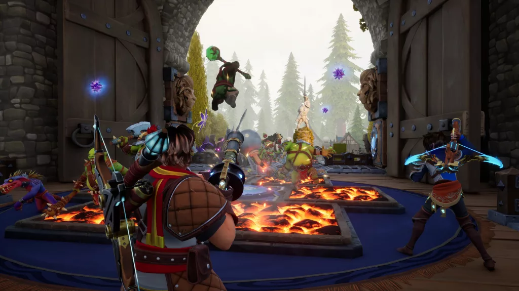 Two heroes defend a fortress gate in Orcs Must Die! Deathtrap, firing magical arrows and energy blasts at an invading horde of orcs and monsters. Traps, including fiery lava pits, help repel the attackers in a medieval fantasy setting.