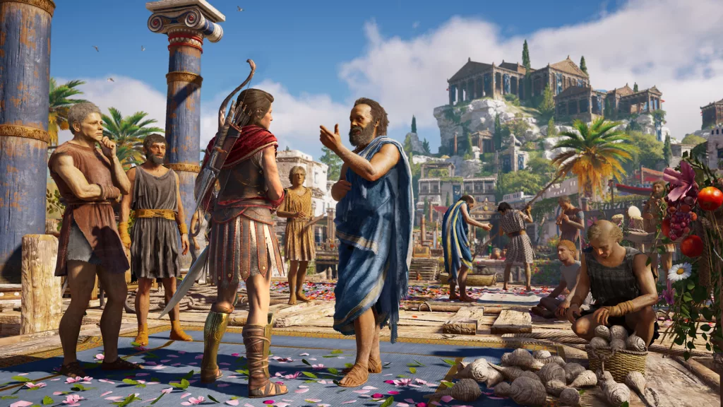 Screenshot from Assassin's Creed Odyssey showing Kassandra speaking with Socrates in a bustling marketplace in ancient Greece.