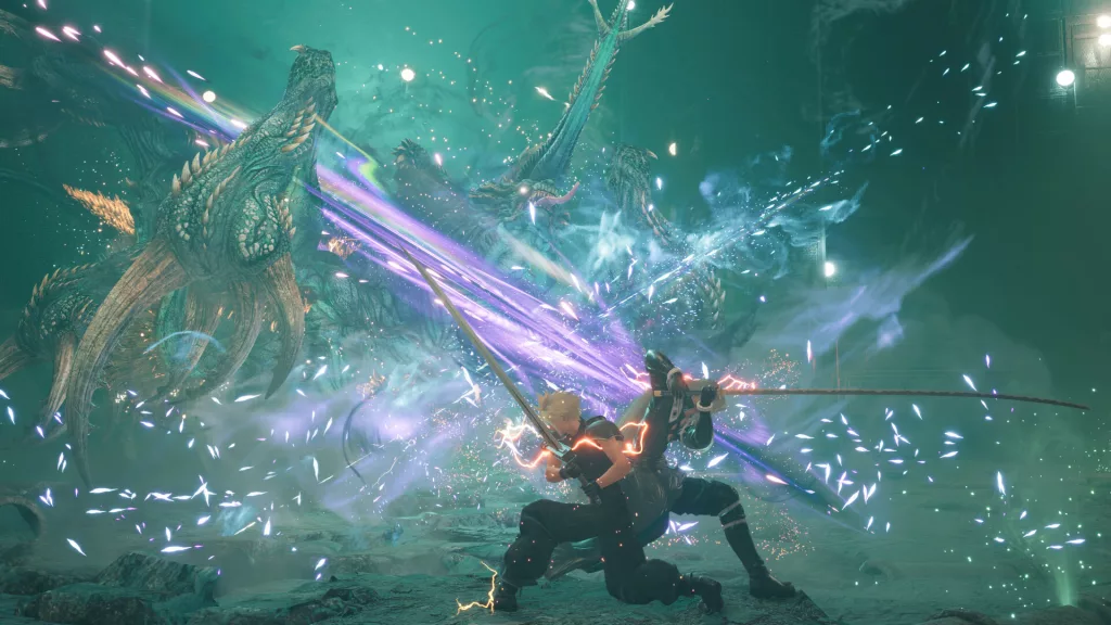 An intense battle sequence from Final Fantasy VII Rebirth, showing Cloud and Sephiroth striking a massive dragon-like enemy with powerful, glowing attacks.