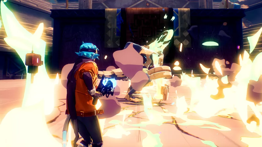 Hyper Light Breaker character wielding a glowing weapon as an explosion of energy surrounds a crumbling enemy in the arena.