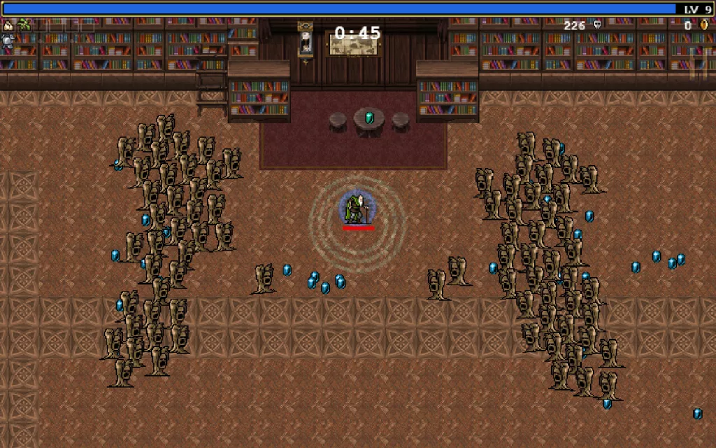 Screenshot of Vampire Survivors gameplay showing the player character, a wizard, surrounded by two large groups of bat-like enemies in a library setting. The in-game timer reads 0:45, and the character is level 9.