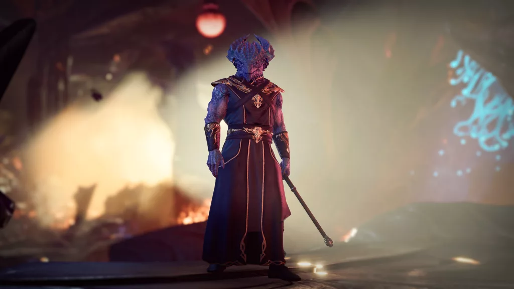 A character with blue skin and intricate armor stands in a dimly lit scene from Baldur's Gate 3.