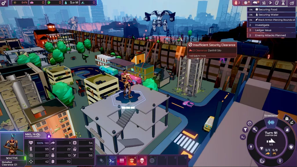 turn-based strategy game interface featuring a robotic unit standing on a rooftop in a futuristic cityscape with cel-shaded visuals, enemy mechs in the background, and mission objectives displayed.