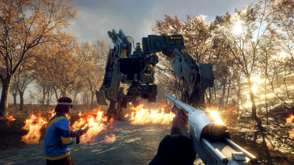 Generation Zero gameplay showing two players battling a large mechanical walker in an autumn forest, surrounded by fire and falling leaves.
