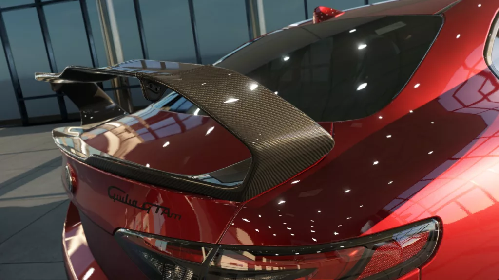 Close-up of a carbon-fiber spoiler on a red Alfa Romeo Giulia GTAm in Assetto Corsa EVO, reflecting showroom lights.