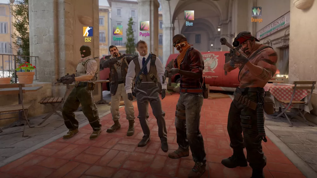 Five players stand in a line, each holding a firearm. They are positioned in a courtyard with a red carpet leading up to them. The text "CS2" is visible in the top left corner.