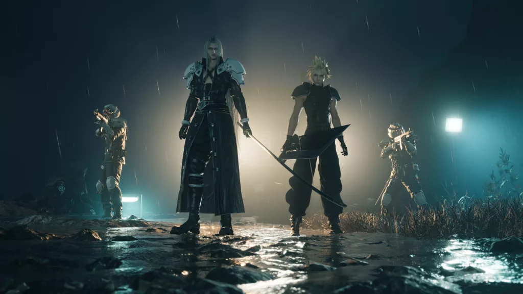 “A dramatic nighttime scene from Final Fantasy VII Rebirth, featuring Sephiroth and Cloud standing side by side with two armed Shinra soldiers in a rain-soaked, cinematic moment.