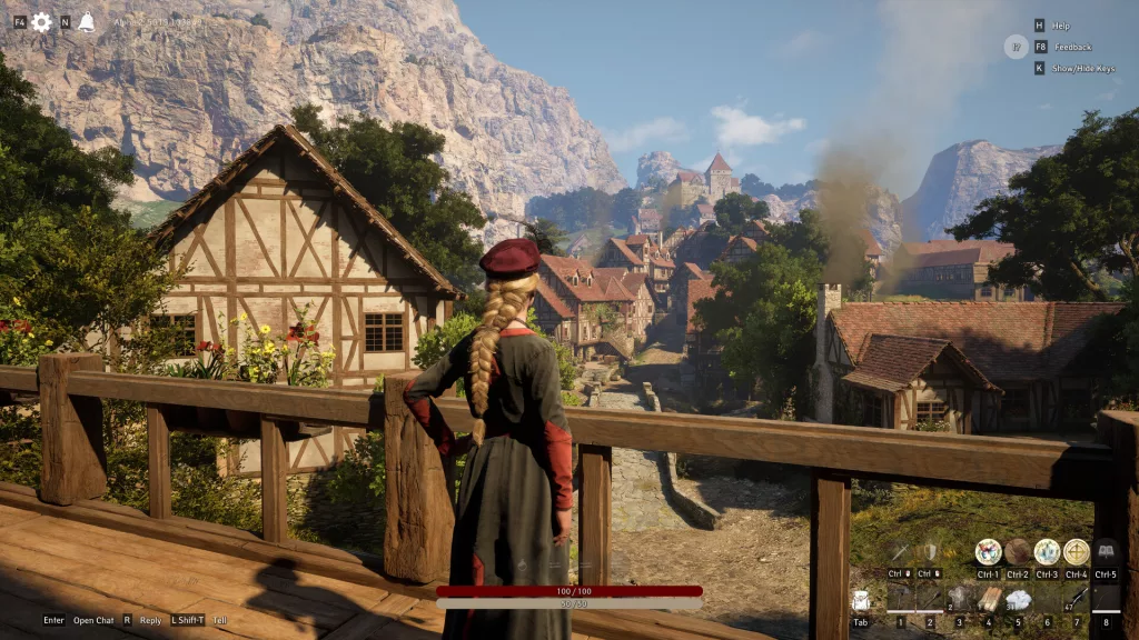What is Pax Dei? Full Game Overview & Features A female character in a medieval-style dress stands on a wooden balcony overlooking a picturesque village in Pax Dei, a multiplayer sandbox game. The scene features timber-framed houses, stone pathways, and distant mountains under a clear blue sky.