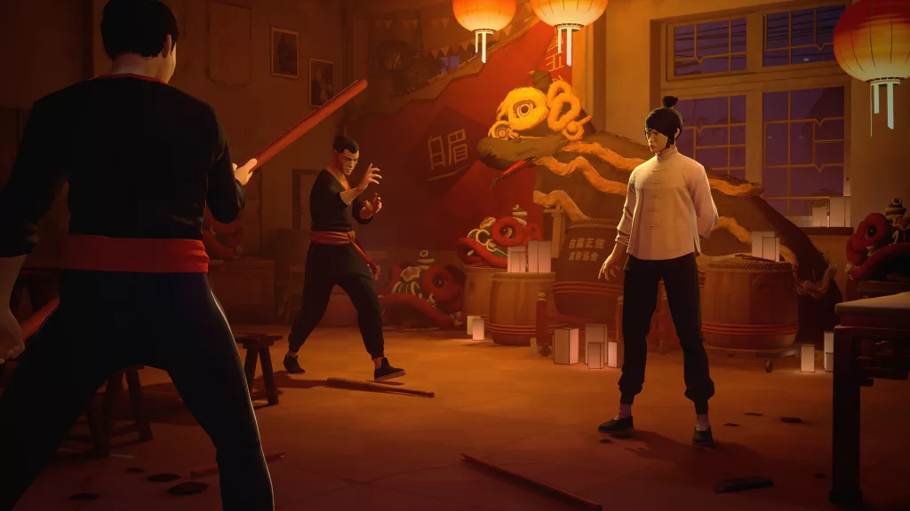 A tense martial arts standoff in Sifu, featuring a protagonist in a fighting stance facing off against multiple enemies in a dimly lit traditional dojo with Chinese lanterns and lion dance decorations.