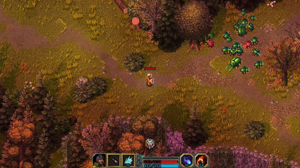 A pixel-art RPG scene from Heroes of Hammerwatch II, where a character explores a lush, forested area with a swarm of green beetle enemies nearby.