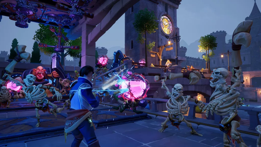 What is Orcs Must Die! Deathtrap? Full Game Overview & Features A powerful hero battles an army of skeletons and monstrous orcs in Orcs Must Die! Deathtrap, using magical energy in a castle-themed battleground filled with glowing traps.