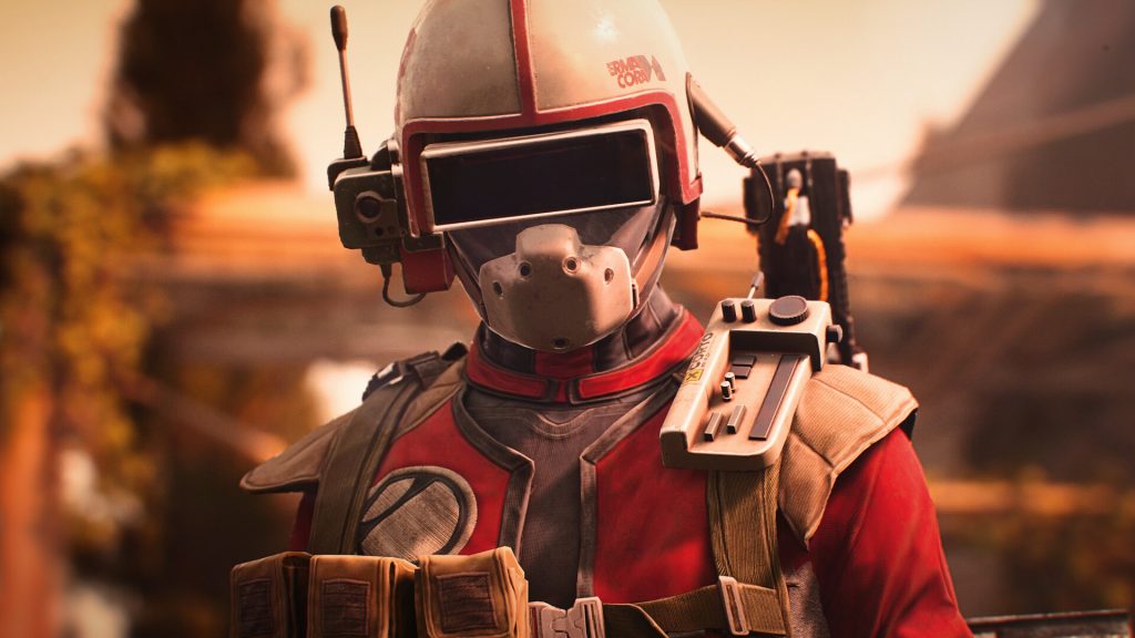 ARC Raiders soldier in futuristic red and grey armor with visor helmet.
