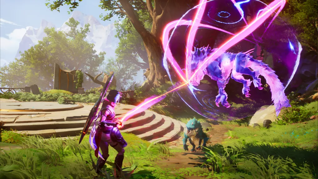 A warrior clad in glowing purple armor wields an energy-infused sword against a mystical spectral beast trapped in a swirling magical vortex in a lush fantasy landscape.