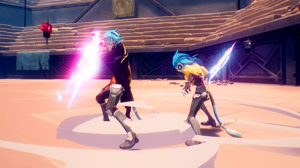 Two Hyper Light Breaker characters wielding glowing energy weapons in an arena, preparing for battle.