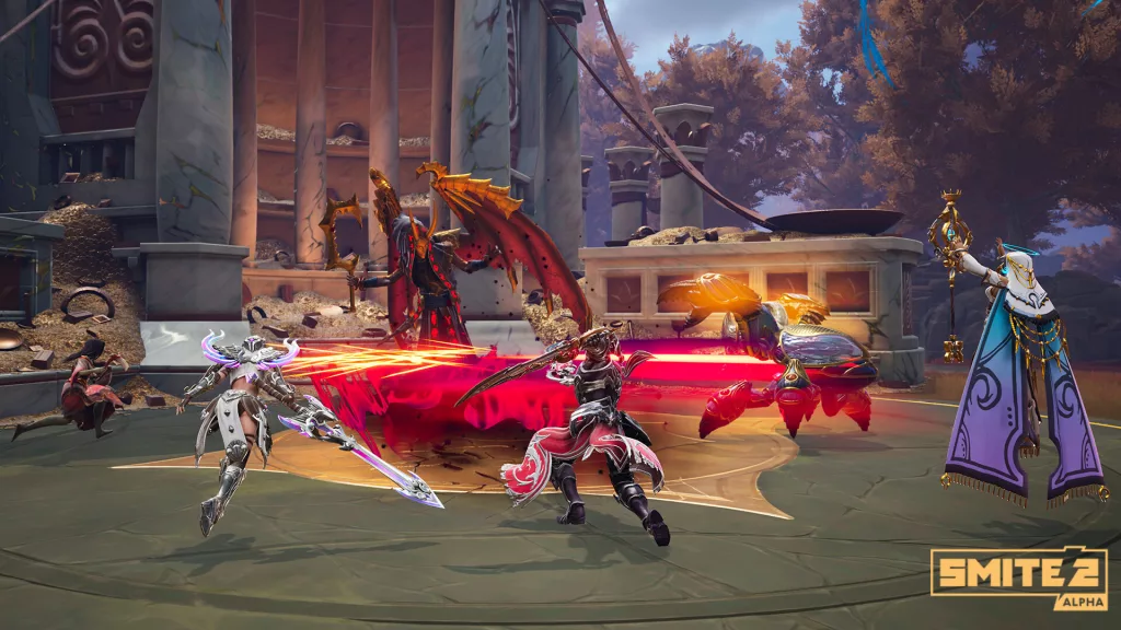 SMITE 2 gameplay featuring a battle scene with mythological gods clashing in an ornate battleground filled with gold and ancient ruins.