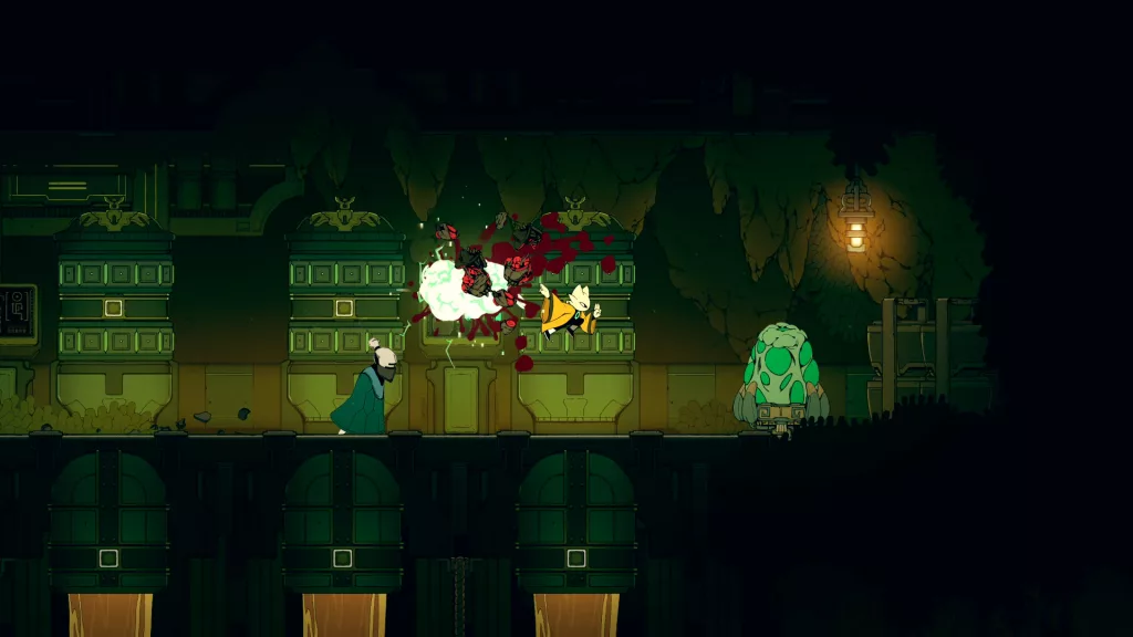 A screenshot from the video game Nine Sols, showcasing its fast-paced combat and unique Taopunk aesthetic.