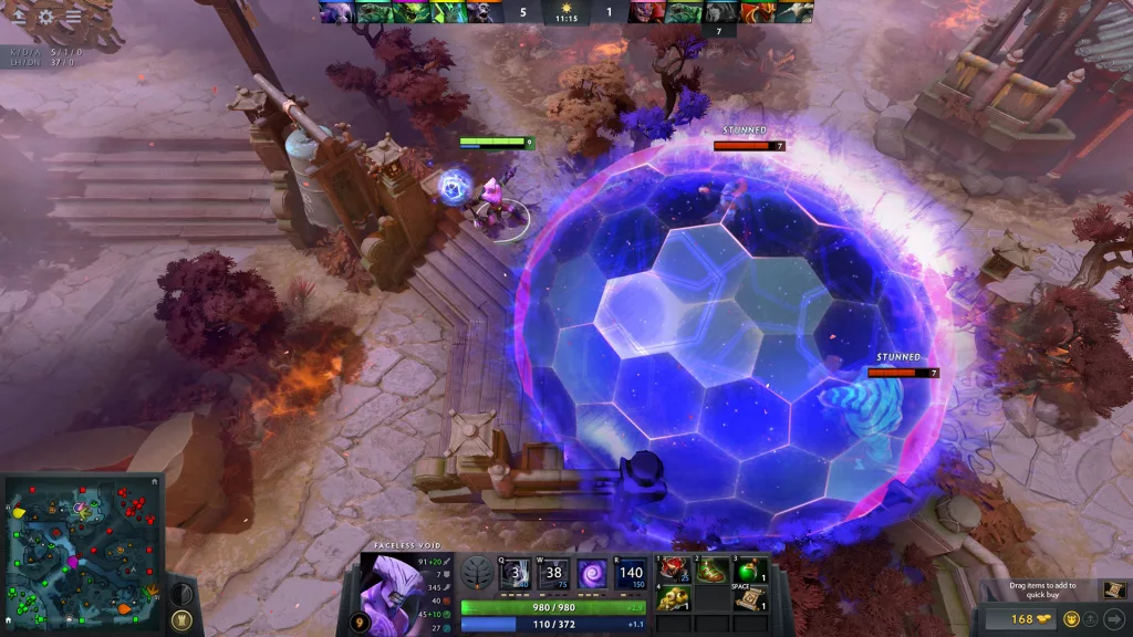 A screenshot from Dota 2 showing Faceless Void using Chronosphere, trapping enemy heroes within its time-stopping field.