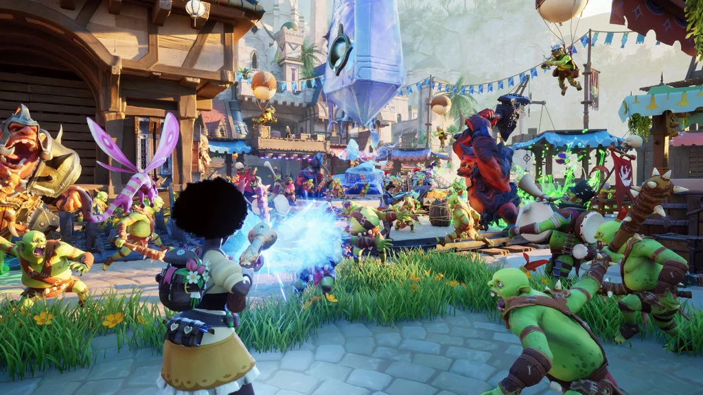 A vibrant scene from Orcs Must Die! Deathtrap, showcasing a young sorceress defending a town from a horde of orcs using magical powers and traps.